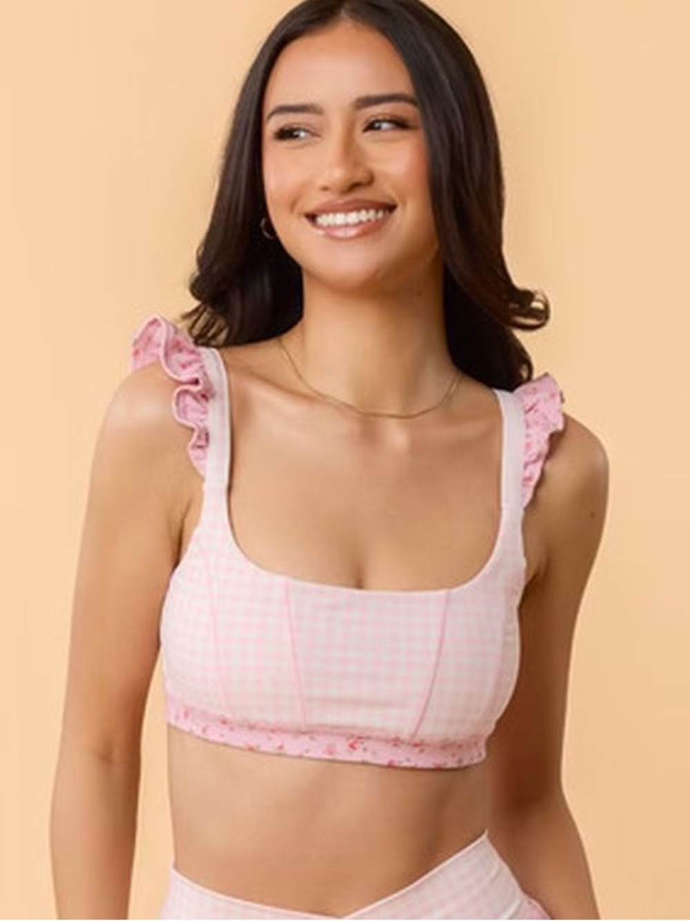 NWT BLOGILATES Pink Gingham Ruffle-Strap Bralette SMALL